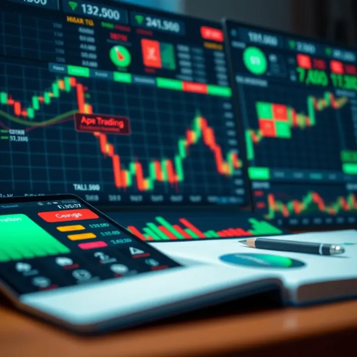 Illustration of trading tools including charts, indicators, and risk management techniques
