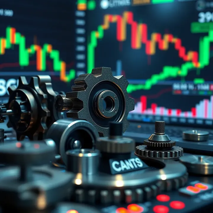 Conceptual representation of automated trading with gears and digital financial charts