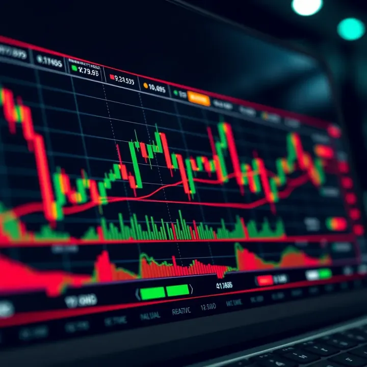 Graph showing binary trading trends with market indicators and candlestick patterns