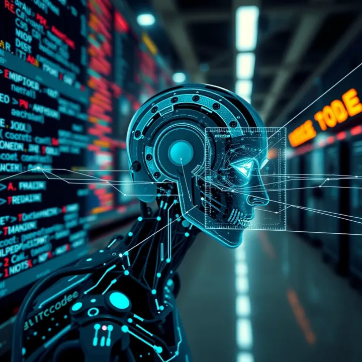 Conceptual representation of AI algorithms optimizing code and transforming various industry sectors