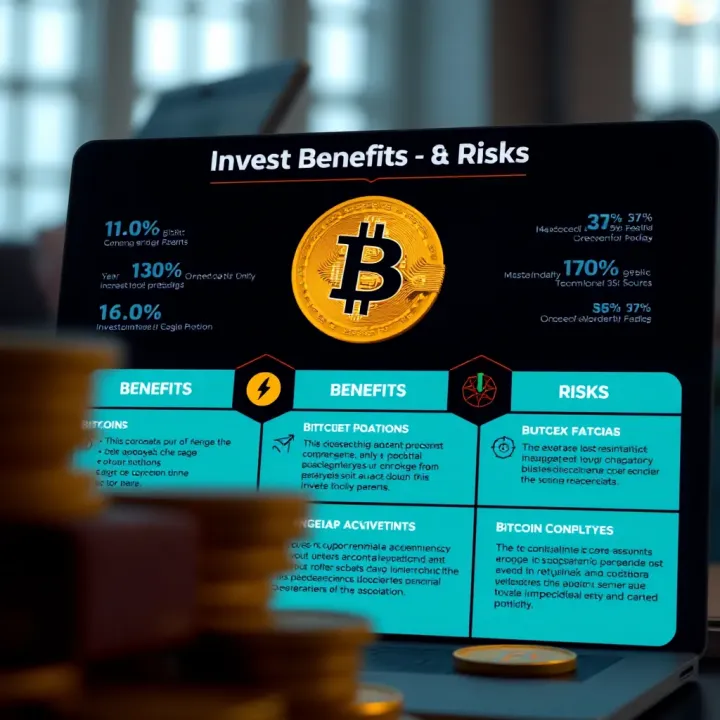Graphic showing potential benefits and risks of cryptocurrency investment with Bitcoin Champion
