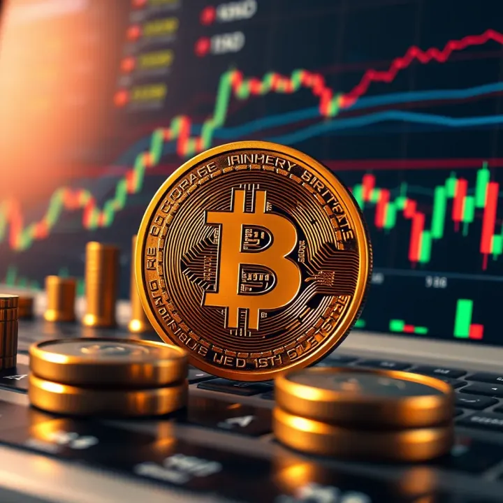 Conceptual illustration of Bitcoin surrounded by financial analysis tools and data charts