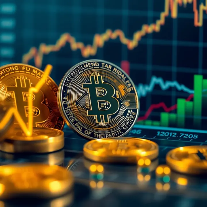 Illustration of digital currency symbols with a focus on Bitcoin and financial growth indicators