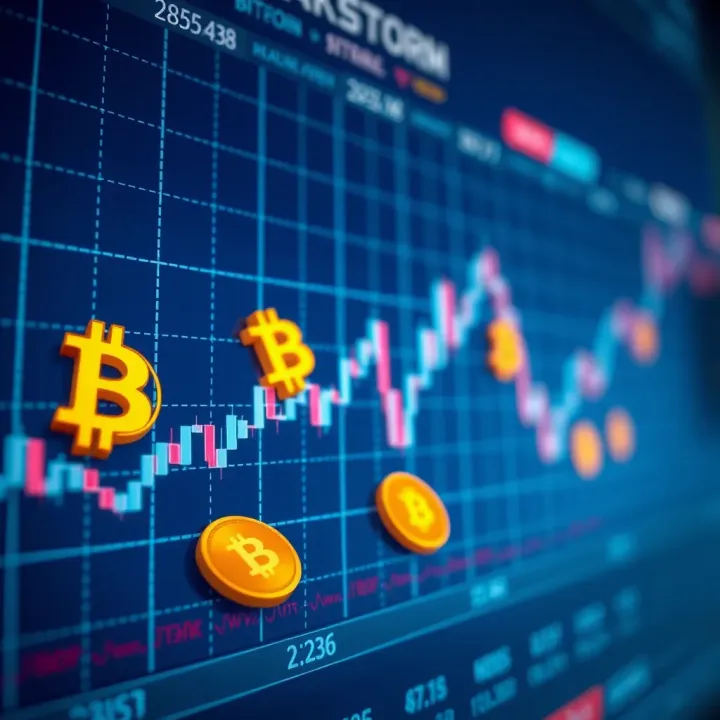 Graph showing cryptocurrency market trends with digital currency symbols