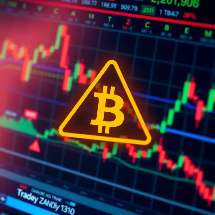 Illustration of a digital fraud warning symbol over a Bitcoin trading platform interface