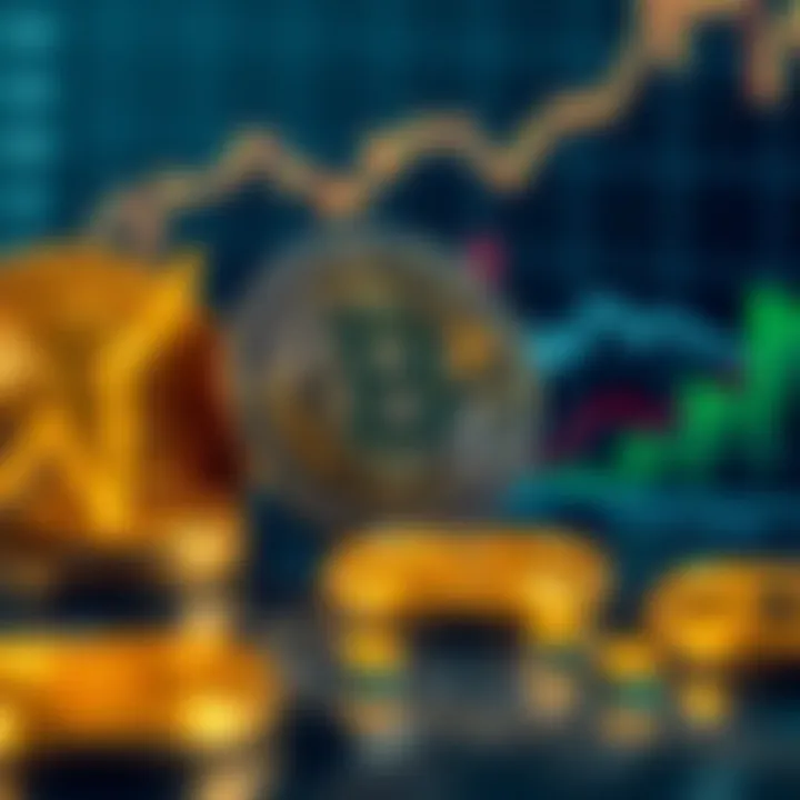 Illustration of digital currency symbols with a focus on Bitcoin and financial growth indicators