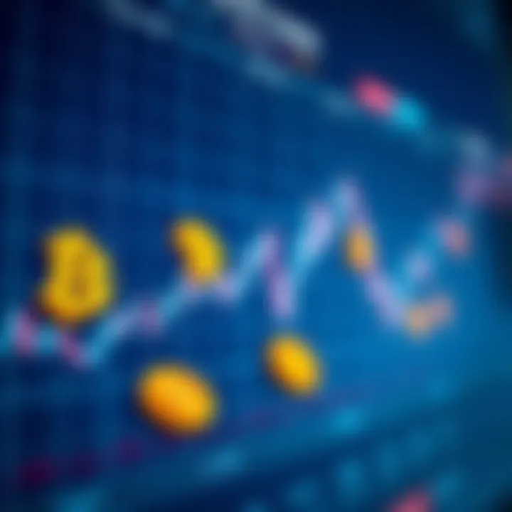 Graph showing cryptocurrency market trends with digital currency symbols