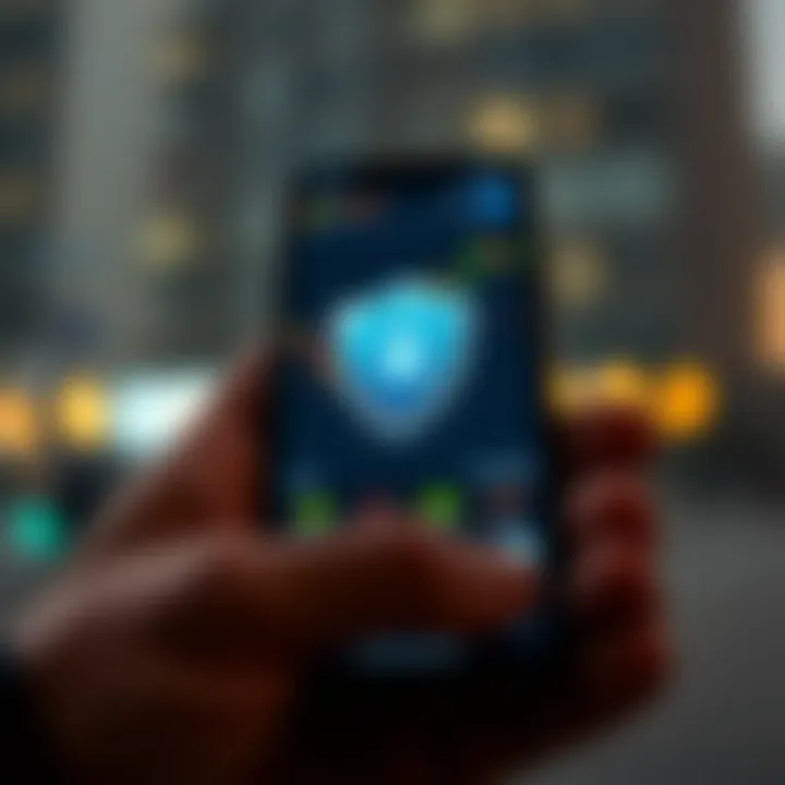 Illustration of a secure stock investment concept with a shield icon and financial graphs on a smartphone screen