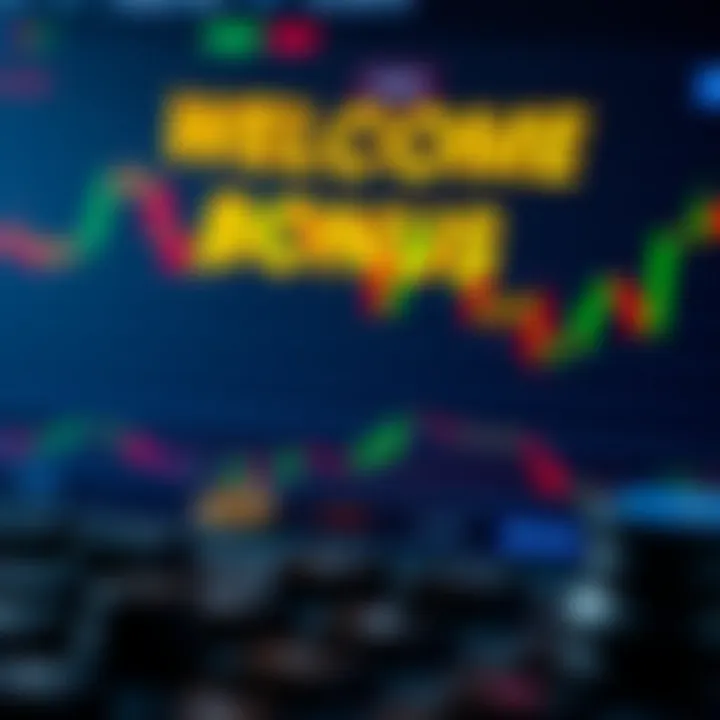 Digital representation of a welcome bonus offer with currency symbols and trading graphs