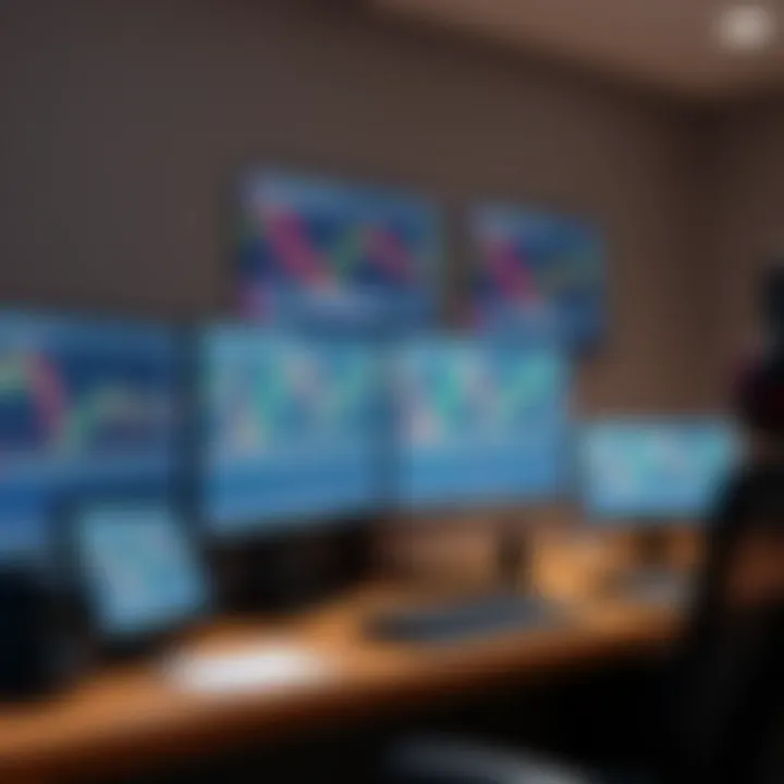 High-performance desktop computer setup with multiple monitors displaying financial trading charts