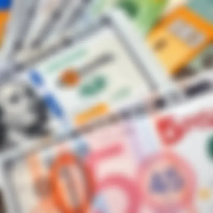 Close-up of Colombian Peso banknotes and US Dollar bills arranged for currency conversion