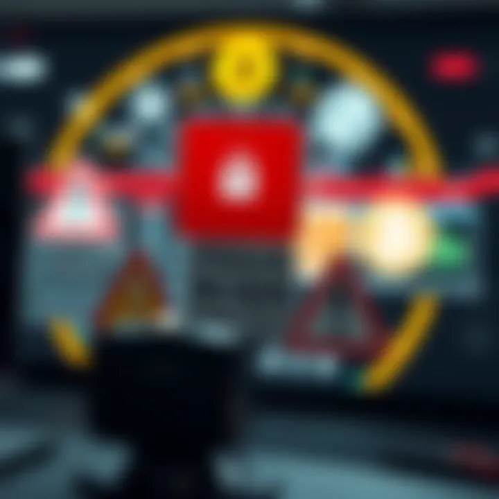 Warning signs and security icons indicating cryptocurrency investment risks and fraud prevention