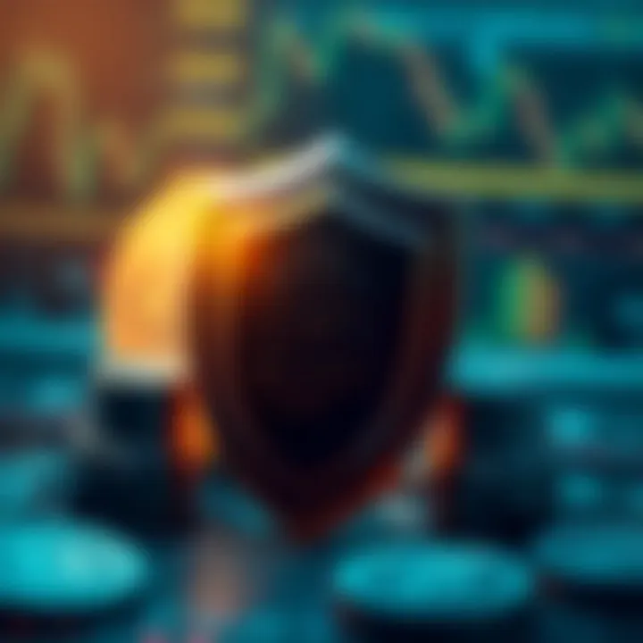 Graphic showing secure cryptocurrency investment with protective shield and digital currency symbols