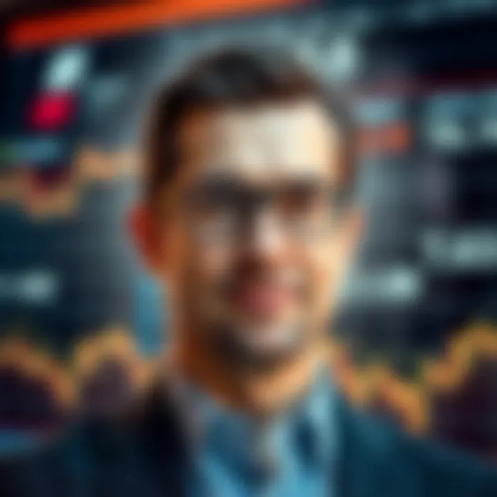 Portrait of David Vélez with a digital banking interface in the background
