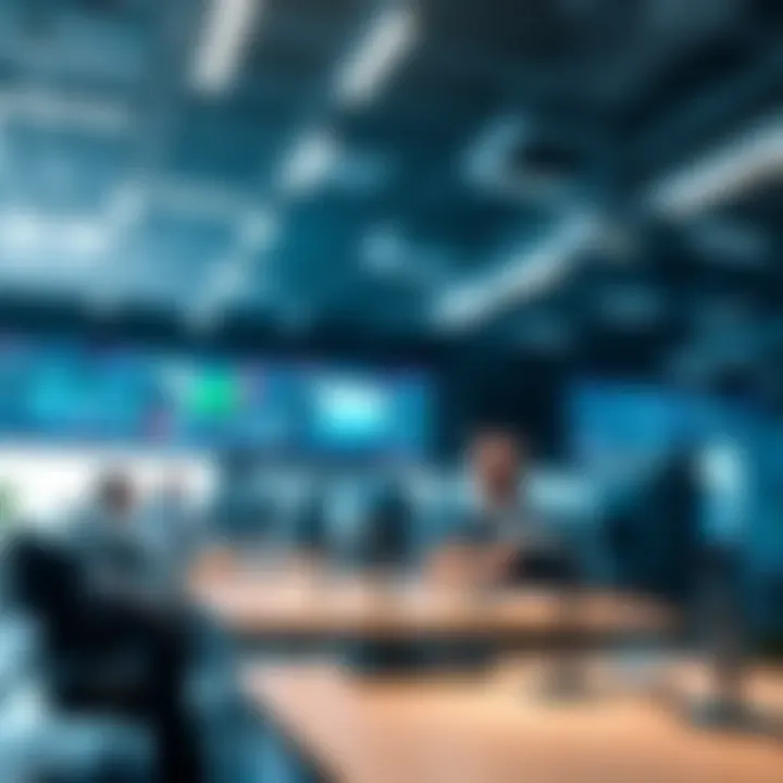 Cutting-edge technology company workspace featuring digital screens and collaborative environment