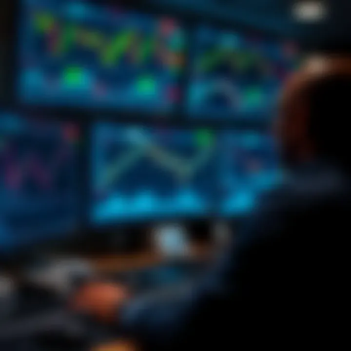 Trader Monitoring Market Trends on FundedNext Platform Trader analyzing financial charts on multiple screens showing market trends
