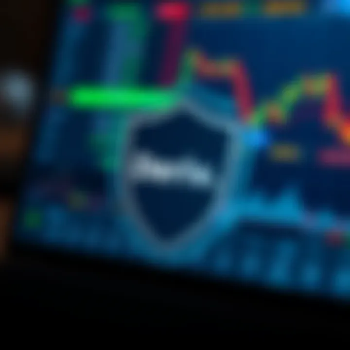 Illustration of secure online trading with protective shield symbol and financial market data