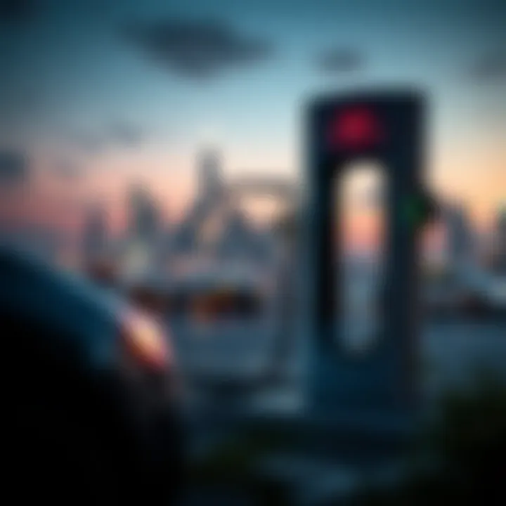 Electric vehicle charging station with a futuristic city skyline in the background