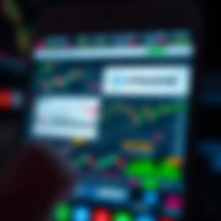 Mobile screen displaying various trading app interfaces with charts and market data