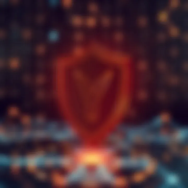 Security shield icon with blockchain network background