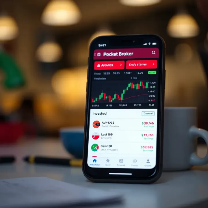 Mobile phone displaying a stock trading app interface with charts and investment options