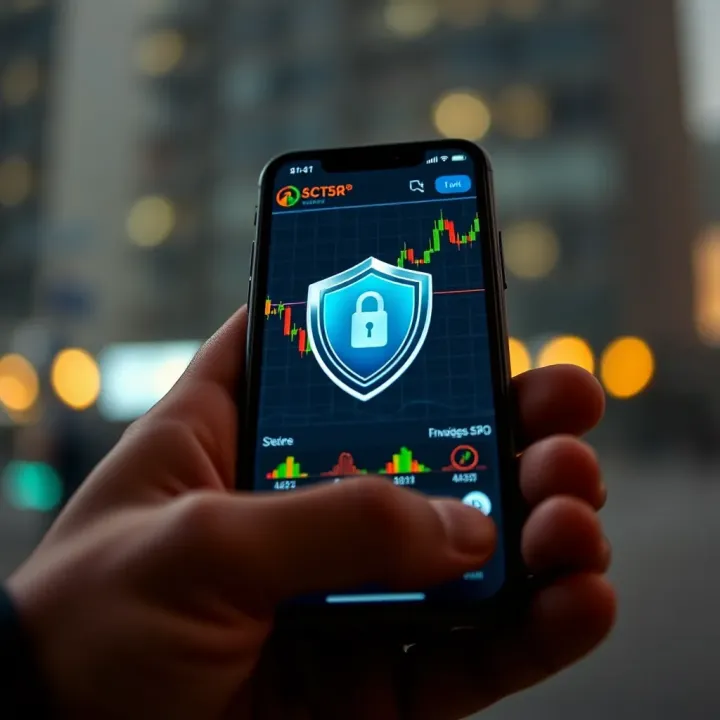 Secure Investment Management via Pocket Broker App Illustration of a secure stock investment concept with a shield icon and financial graphs on a smartphone screen
