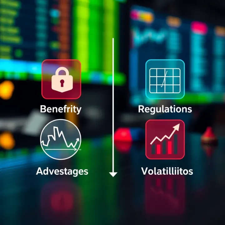 Benefits and risks associated with using Broker Deriv shown through icons representing security, regulations, and market volatility