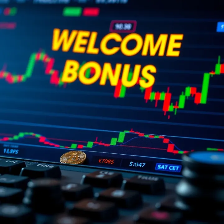 Digital representation of a welcome bonus offer with currency symbols and trading graphs