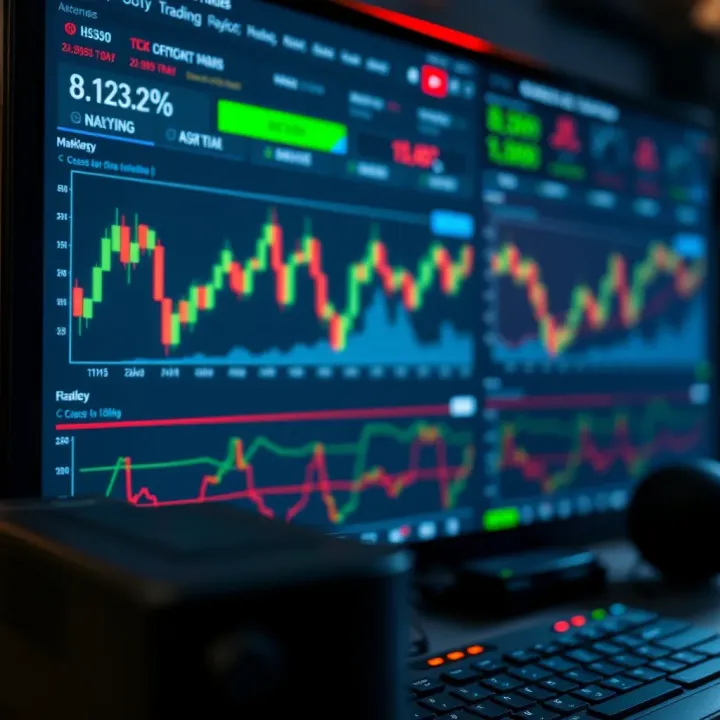Digital interface showing market charts and data analysis with AI integration