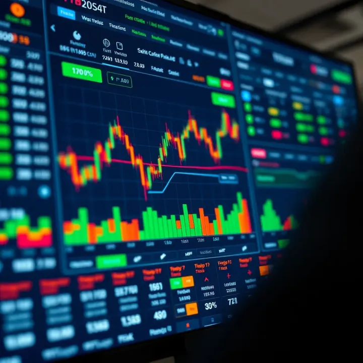 Digital interface showing trading platform features and data charts
