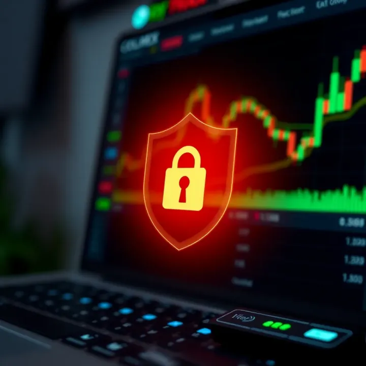 Security shield icon overlaying a digital interface representing secure investment and technical support features