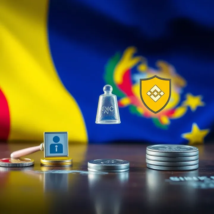 Colombian flag backdrop with icons representing secure cryptocurrency transactions and legal compliance