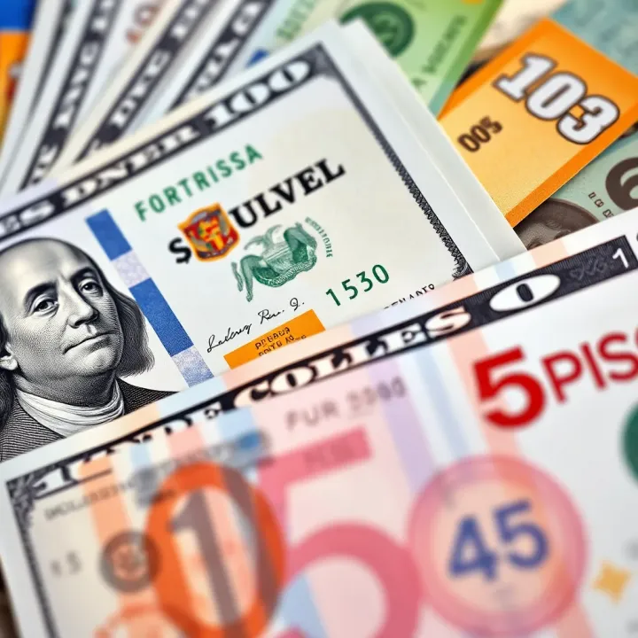 Close-up of Colombian Peso banknotes and US Dollar bills arranged for currency conversion