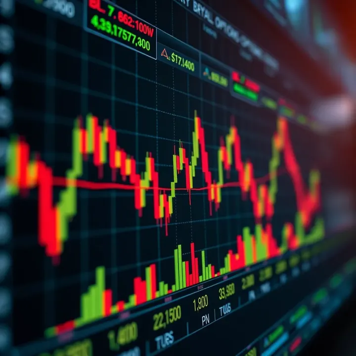 Graph illustrating binary options trading with fluctuating market lines and financial symbols