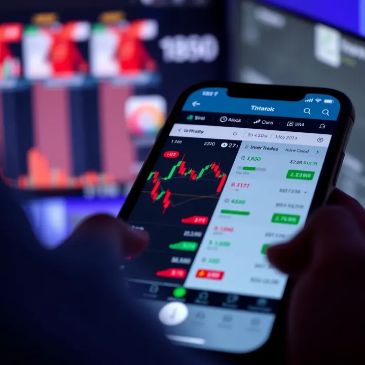 Mobile device displaying a user-friendly trading application interface with real-time market charts and investment options