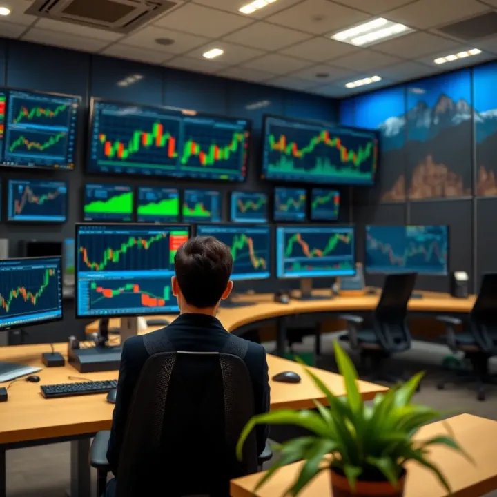 Modern trading room setup with multiple computer monitors displaying financial charts and market data
