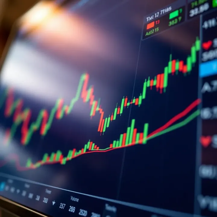 Graph displaying cryptocurrency market trends with candlestick patterns and volume indicators
