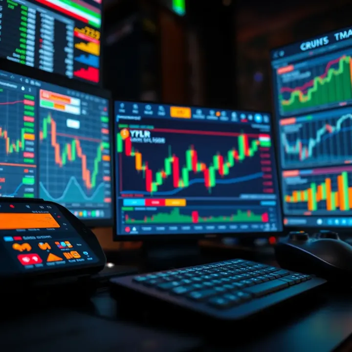 Set of digital tools and charts used for cryptocurrency trading optimization