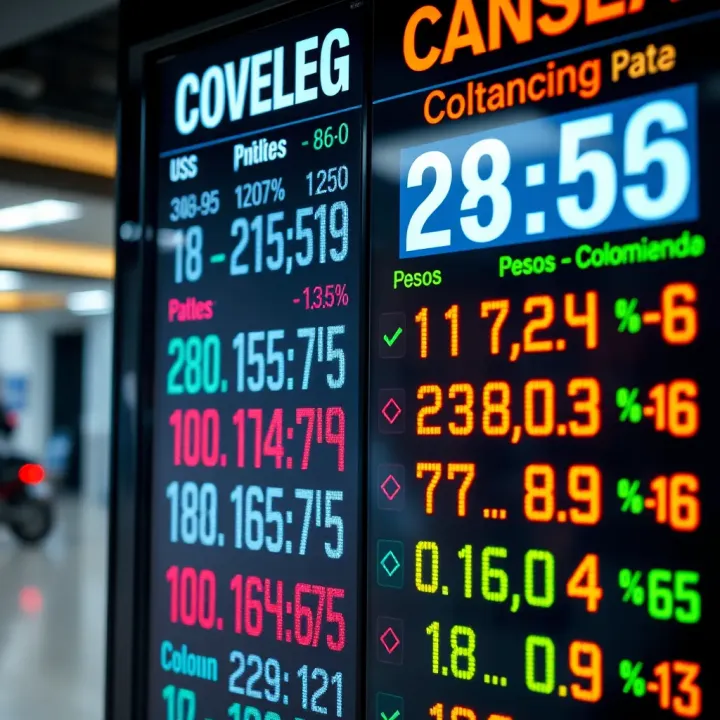Currency exchange board showing current rates between US dollars and Colombian pesos