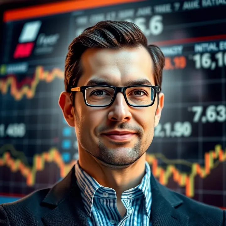 Portrait of David Vélez with a digital banking interface in the background