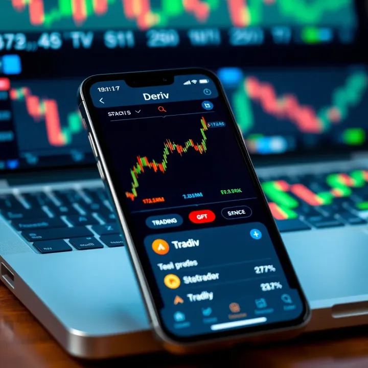 Mobile phone displaying Deriv app interface with financial charts and trading options