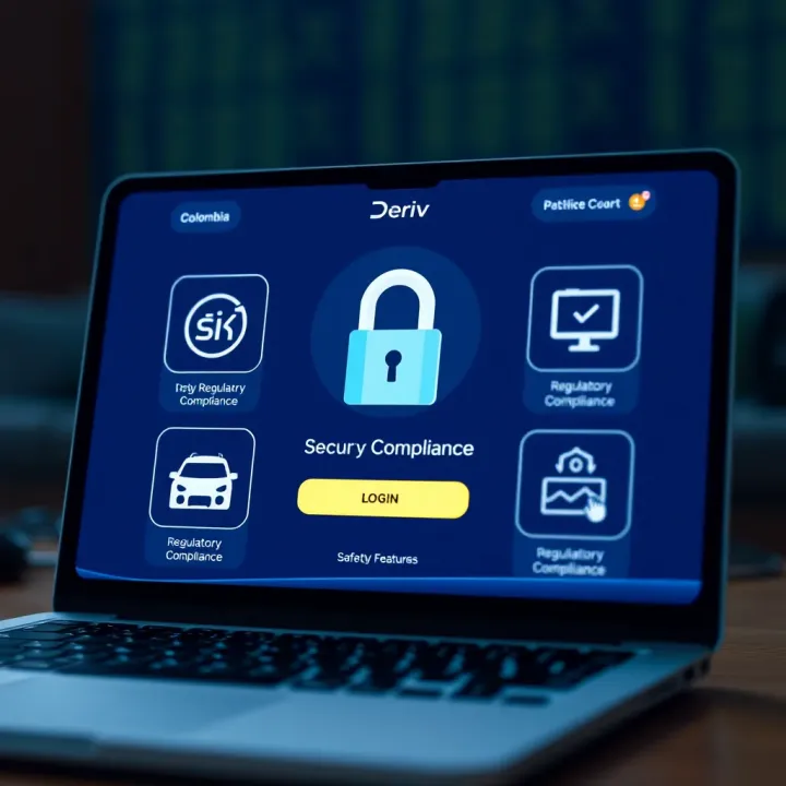 Secure login screen and regulatory compliance icons representing safety features of Deriv App in Colombia