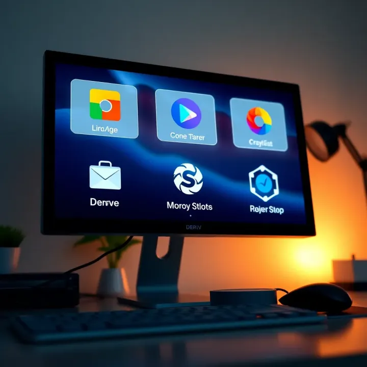 Illustration of computer desktop showing multiple operating system icons compatible with Deriv software