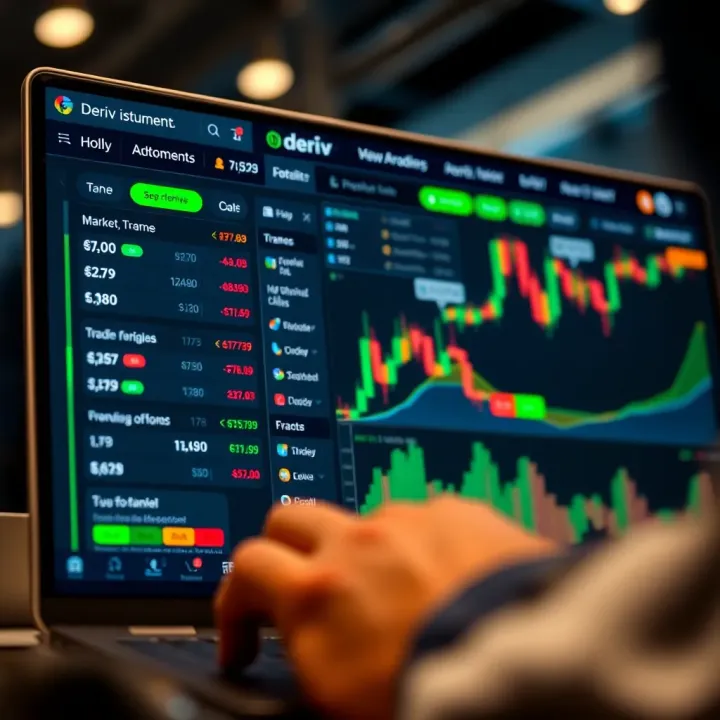 User interface of Deriv trade platform showing various trading instruments and market options