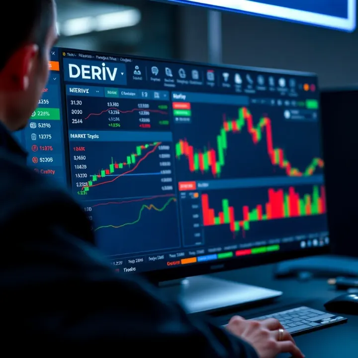 Deriv trading platform with various market options and trading tools visible on screen