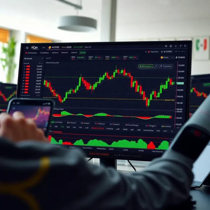 User interface of IQ Option trading platform showing various financial instruments and real-time trading charts