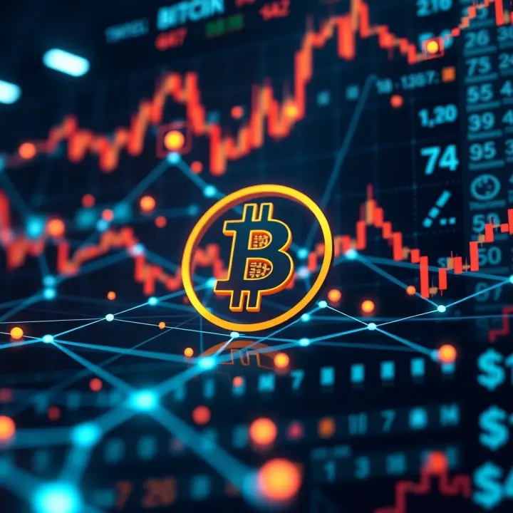 Illustration of digital currency symbols connected to a secure trading network