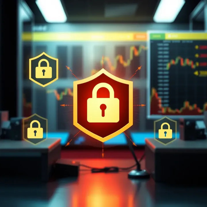 Visual representation of digital security measures and regulation symbols safeguarding online trading