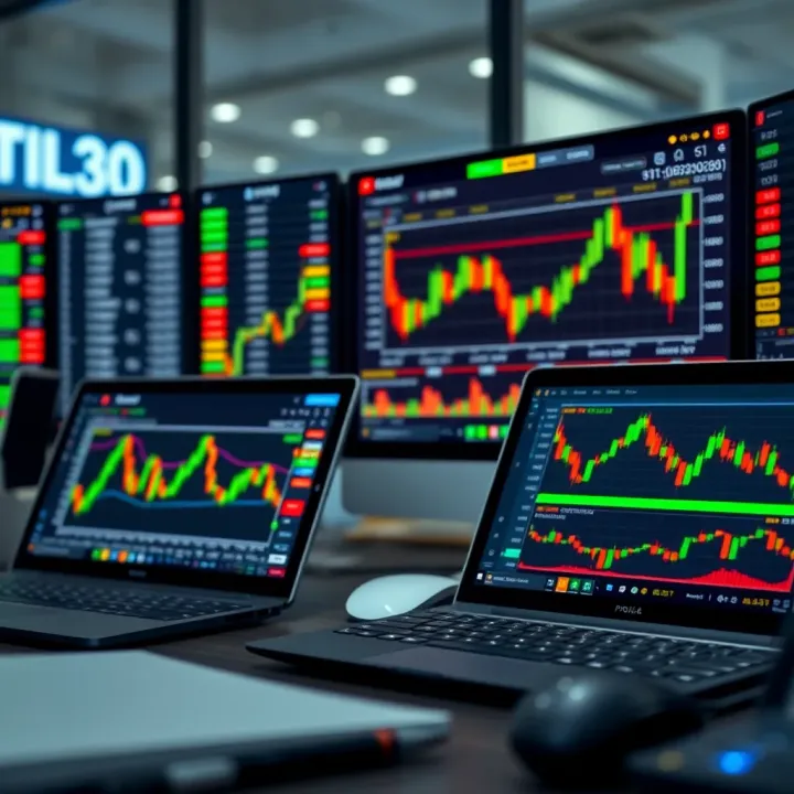 Illustration of digital devices showing stock and currency exchange data