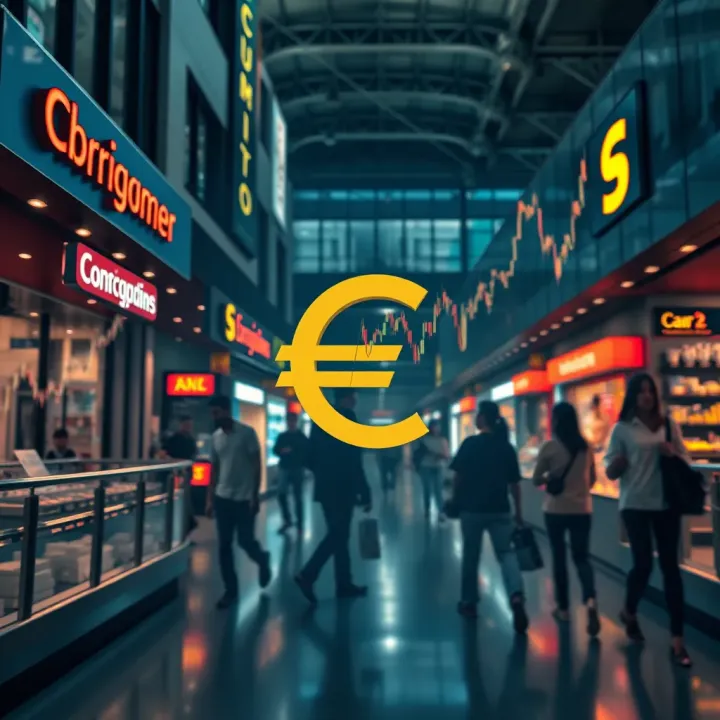 Illustration of Colombian businesses and consumers affected by changes in the euro exchange rate with financial charts and currency symbols